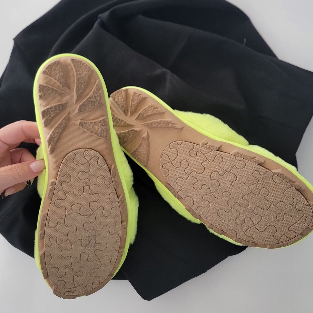Forever 21 Neon Lime Green Faux Fur Criss Cross Slide Slippers - Picture 5 of 5